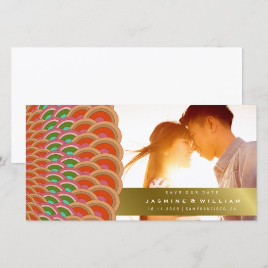 Red- en Jade Art Deco  Scallop Pattern Fan Save The Date (Voorkant / Achterkant)