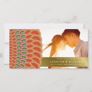 Red- en Jade Art Deco  Scallop Pattern Fan Save The Date