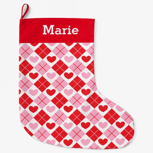 Red en Roze Argyle Heart Pattern Grote Kerstsok (Voorkant)