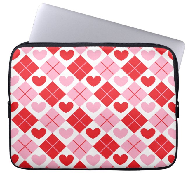 Red en Roze Argyle Heart Pattern Laptop Sleeve (Voorkant)