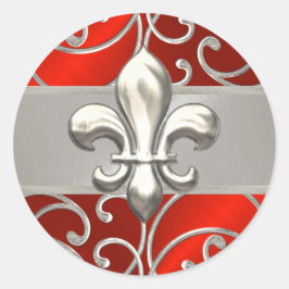 Red en Silver Filigree Swirls Fleur de Lis Ronde Sticker