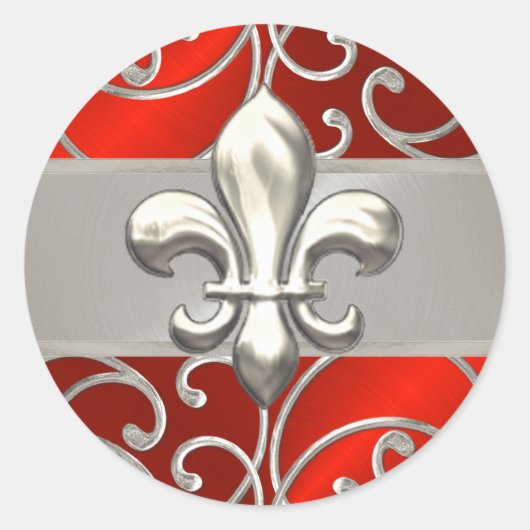 Red en Silver Filigree Swirls Fleur de Lis Ronde Sticker (Voorkant)