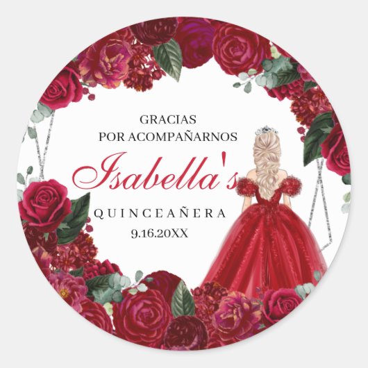 Red en Silver Floral Quinceanera Ronde Sticker (Voorkant)