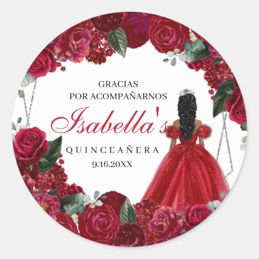Red en Silver Floral Quinceanera Ronde Sticker (Voorkant)