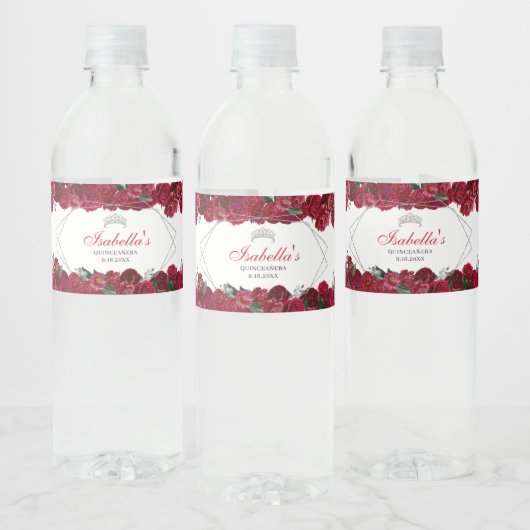 Red en Silver Floral Quinceanera Waterfles Etiket (Flessen)