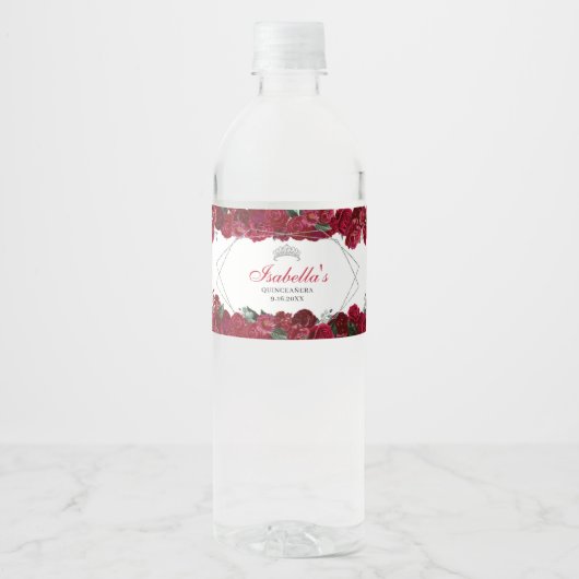 Red en Silver Floral Quinceanera Waterfles Etiket (Voorkant)