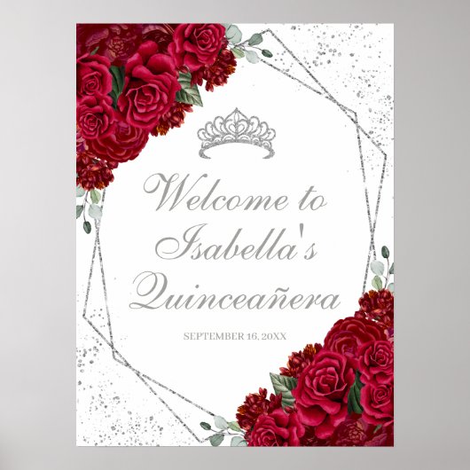 Red en Silver Floral Quinceanera Welcome Poster (Voorkant)