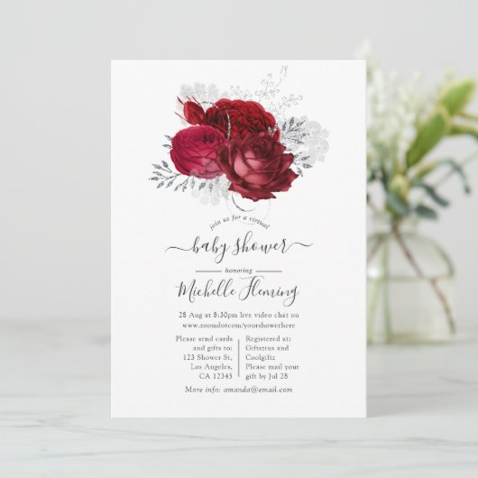 Red en Silver Floral Virtual Shower Kaart (Staand voorkant)