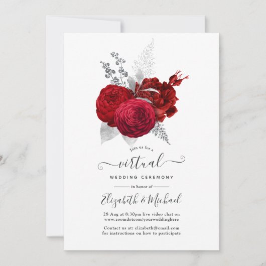 Red en Silver  Roos Online Virtual Wedding Kaart (Voorkant)