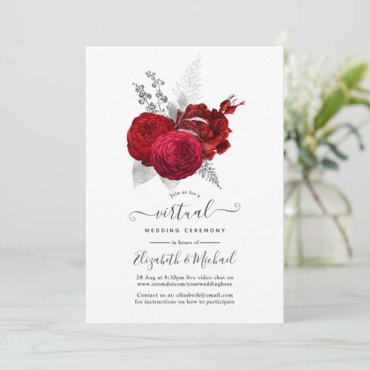 Red en Silver  Roos Online Virtual Wedding Kaart (Staand voorkant)