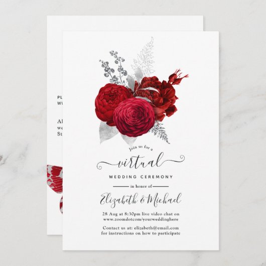 Red en Silver  Roos Online Virtual Wedding Kaart (Voorkant / Achterkant)