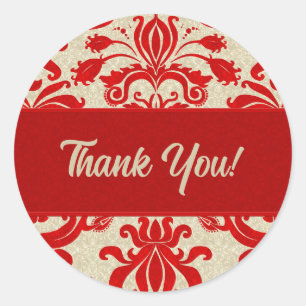 Red en Taupe Damask Dank je wel Ronde Sticker