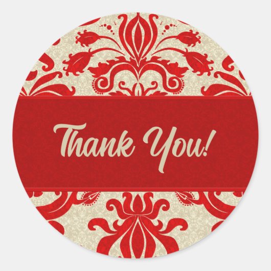 Red en Taupe Damask Dank je wel Ronde Sticker (Voorkant)