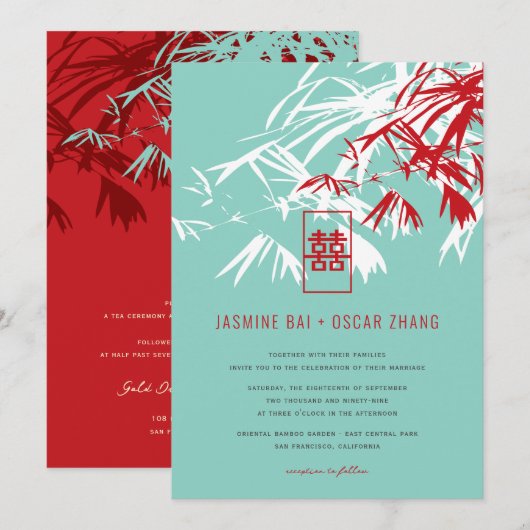 Red en Turquoise Bamboo laat Zen Asian Wedding Kaart (Voorkant / Achterkant)