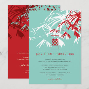 Red en Turquoise Bamboo laat Zen Asian Wedding Kaart