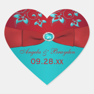 Red en Turquoise Floral Wedding Favor Sticker