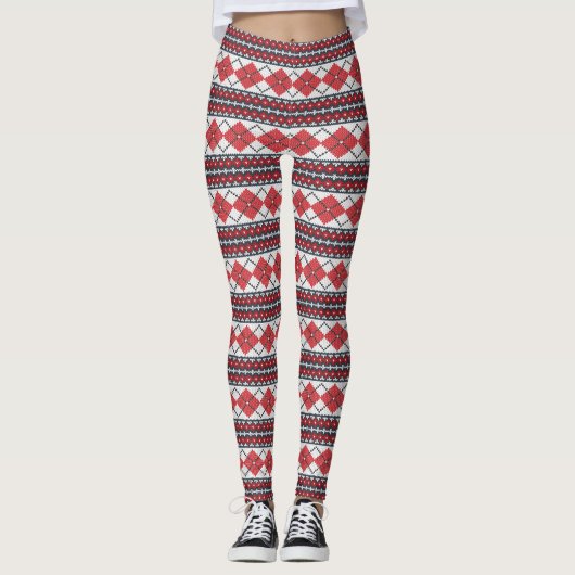 Red en White Nordic Fair Isle Argyle Leggings (Voorkant)