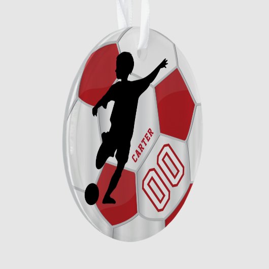 Red en White personaliseren Boy Soccer Player Ornament (voorkant)