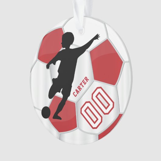 Red en White personaliseren Boy Soccer Player Ornament (voorkant)