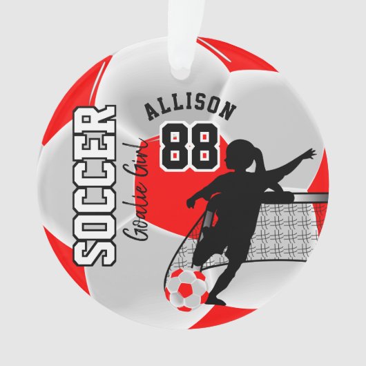 Red en White Soccer ⚽ Goalie Girl Ornament (voorkant)