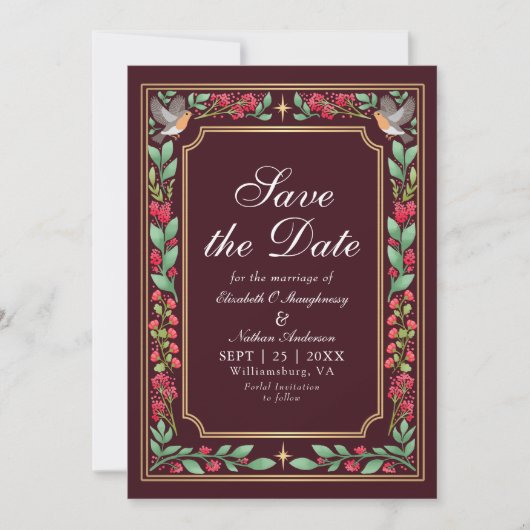 Red Enchanting Botanical Garden Wedding Photo Save The Date (Voorkant)