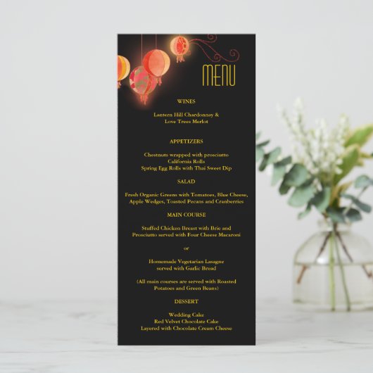 Red Evening Garden Lantern Black Wedding Menu (Staand voorkant)