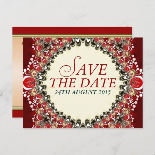 Red Exotic Batik Lace Save the Date Briefkaart (Voorkant / Achterkant)