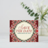 Red Exotic Batik Lace Save the Date Briefkaart (Staand voorkant)