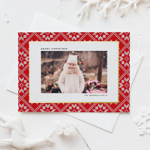 Red Fair Isle Winter Knit Pattern Foto van Kerstmi Folie Feestdagen Briefkaart