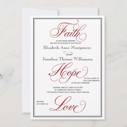 Red Faith Hope Love Calligraphy Wedding Invitation Kaart (Voorkant)