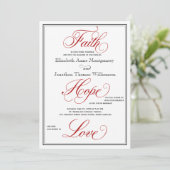 Red Faith Hope Love Calligraphy Wedding Invitation Kaart (Staand voorkant)