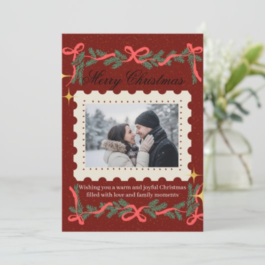 Red Family Photo Christmas Card Bedankkaart (Staand voorkant)