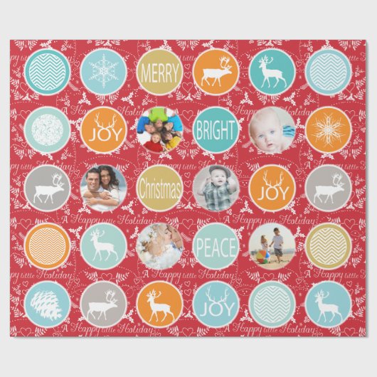 Red Family Photo Reindeer Kerstmis Merry Bright Cadeaupapier (Vlak)