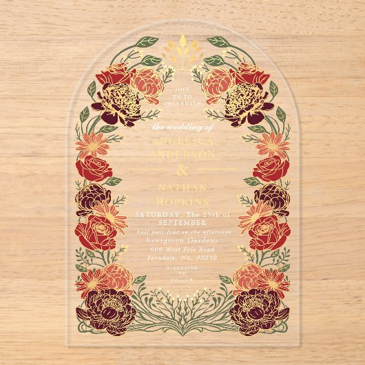 Red Fantasy Enchanted Floral Garden Wedding Arch Acryl Uitnodigingen (Voorkant)