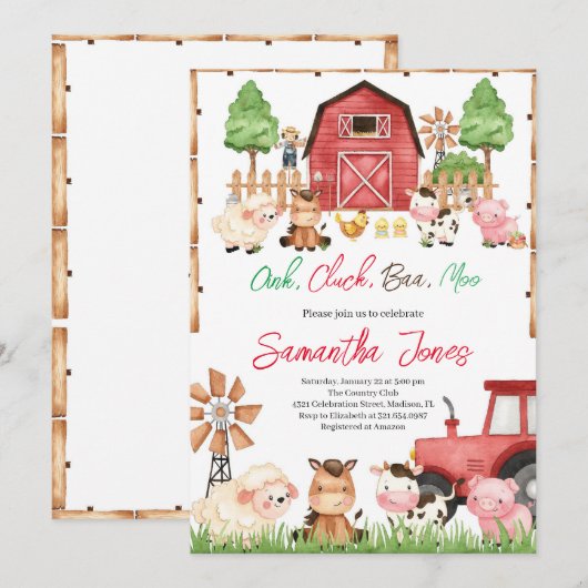 Red Farm Animals Baby shower Kaart (Voorkant / Achterkant)