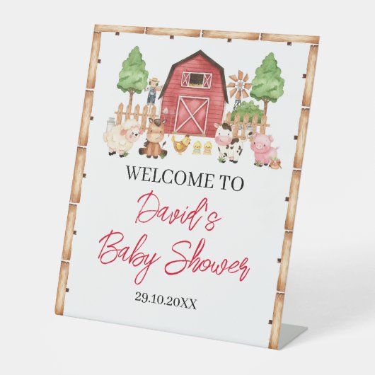 Red Farm Animals Baby shower Reclamebord Met Voetstuk (Voorkant)