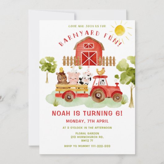 Red Farm dieren 6e verjaardag Uitnodiging (Voorkant)