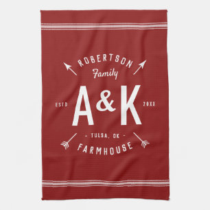 Red Farmhouse Arrow Monogram   bewerkbare kleuren Theedoek