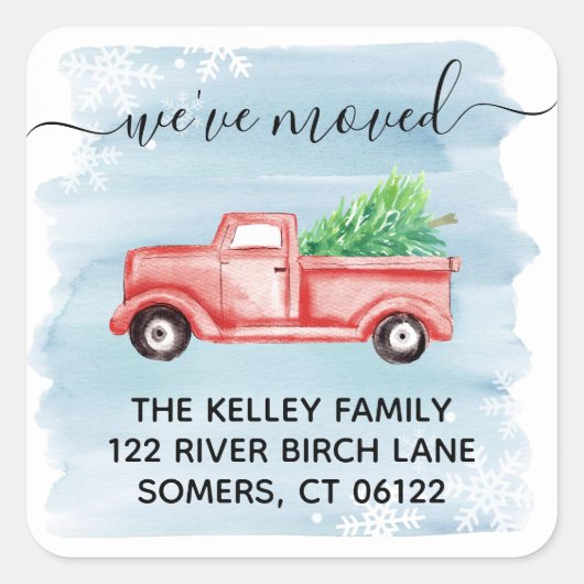 Red Farmhouse Truck Holiday Moving Address Vierkante Sticker (Voorkant)
