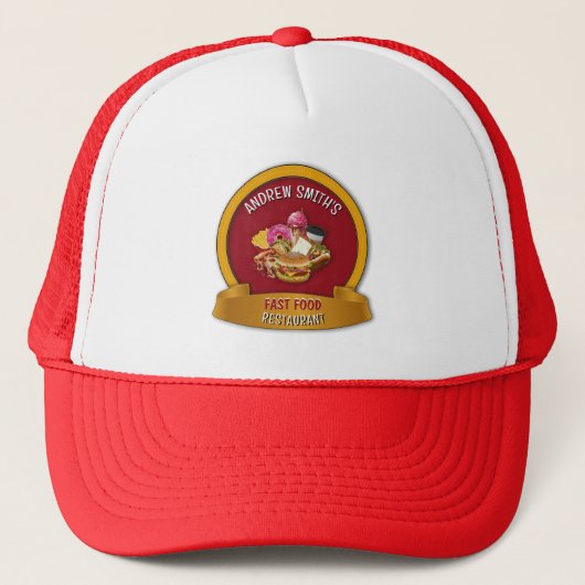 Red Fastfood Restaurant Aangepaste Logo Naam Bedri Trucker Pet (Voorkant)
