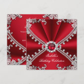 Red Faux Diamond Jewel Floral Birthday Party Kaart (Voorkant / Achterkant)