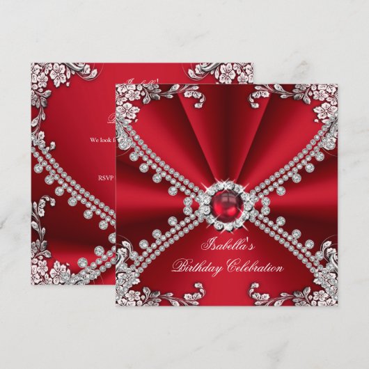 Red Faux Diamond Jewel Floral Birthday Party Kaart (Voorkant / Achterkant)