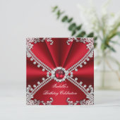 Red Faux Diamond Jewel Floral Birthday Party Kaart (Staand voorkant)