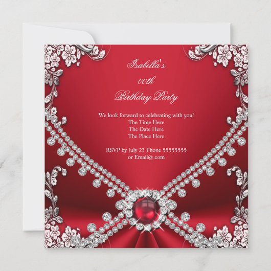 Red Faux Diamond Jewel Floral Birthday Party Kaart (Achterkant)
