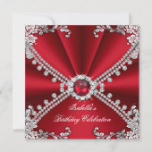 Red Faux Diamond Jewel Floral Birthday Party Kaart (Voorkant)