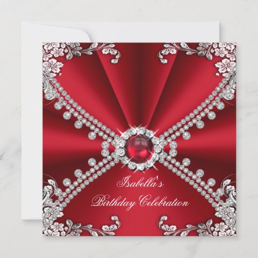 Red Faux Diamond Jewel Floral Birthday Party Kaart (Voorkant)