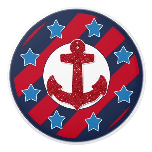 Red Faux Glitter Anchor | Nautisch Keramische Knop (Voorkant)