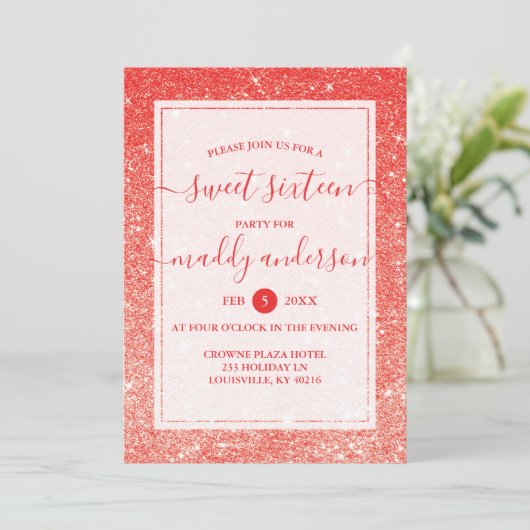 Red Faux Glitter Elegant Sweet 16 Birthday Kaart (Staand voorkant)
