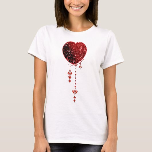 Red Faux Glitter Heart & Heart Droplets T-shirt (Voorkant)