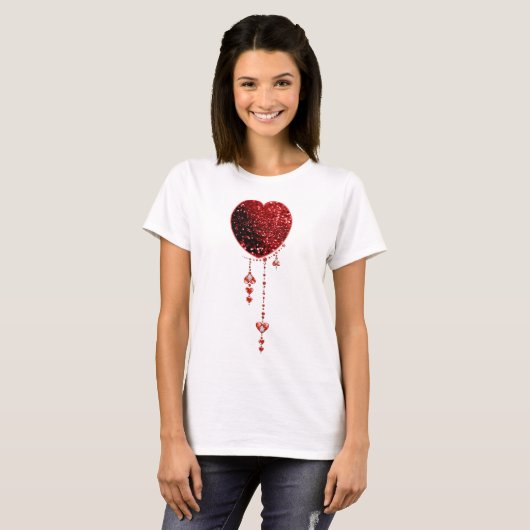 Red Faux Glitter Heart & Heart Droplets T-shirt (Voorkant volledig)